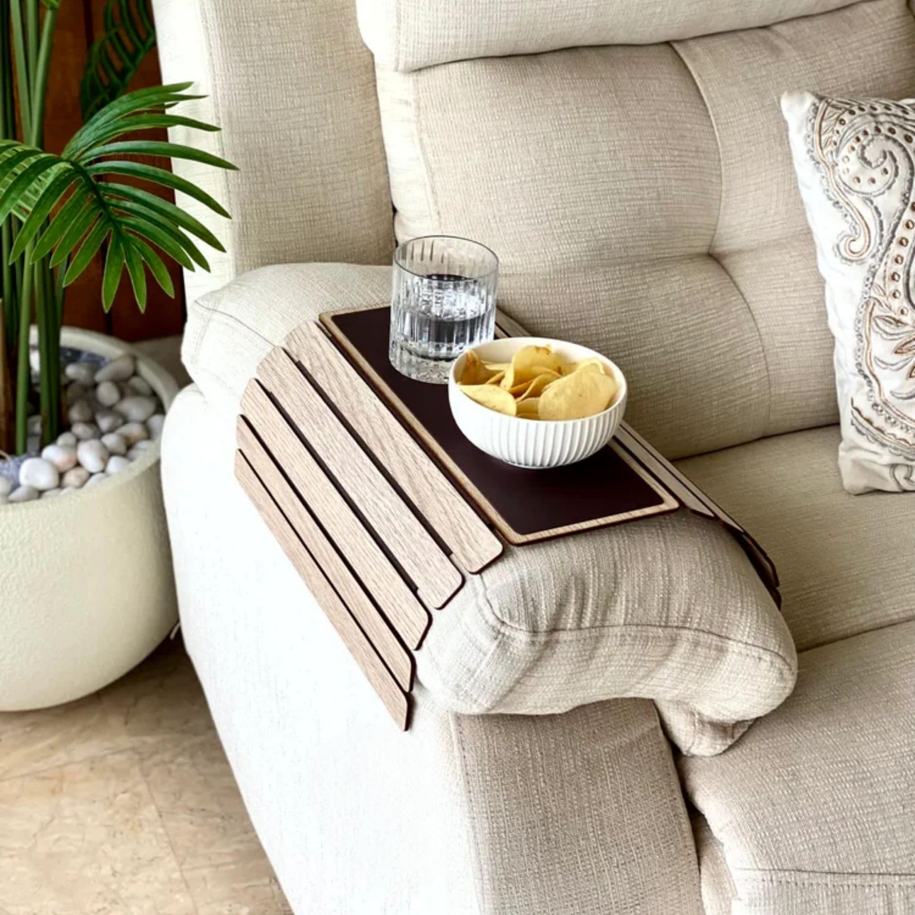 Mason Home Elm Sofa Armrest Tray - Cream Full Grain Bamboo Wood With Anti Slip Pad | Dining Tray | Home & Office Dcor | Furnitur